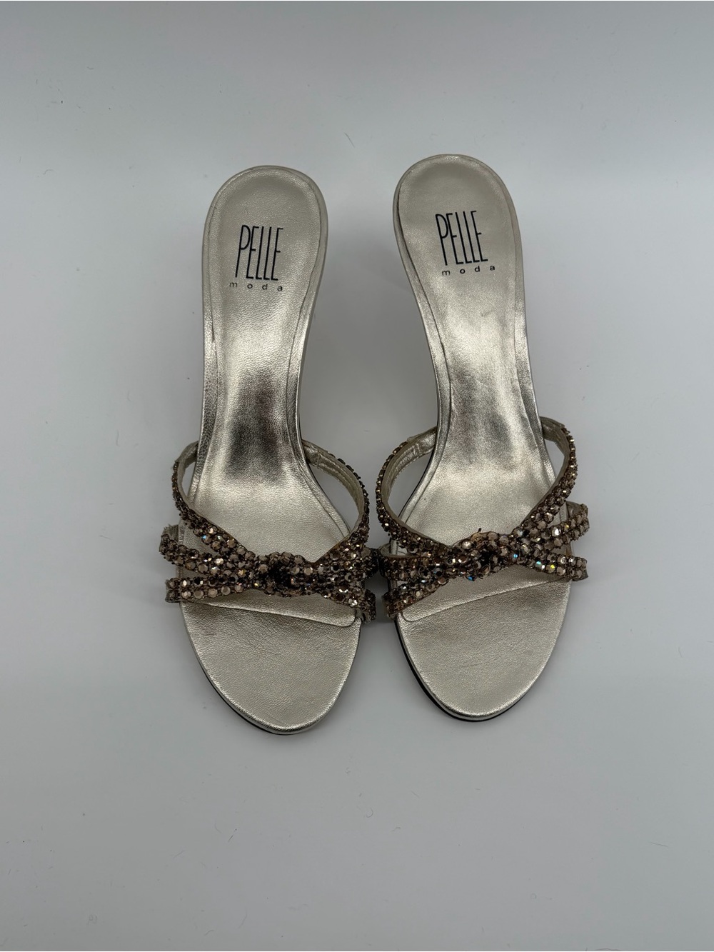 Pelle Moda Metallic Taupe Crystal Knot Slide Heels